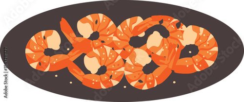 A vibrant illustration of cooked shrimp arranged on a dark platter on transparent background