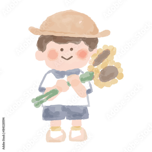 やさしいひまわり水彩シリーズ｜ひまわりを抱える男の子 / Gentle Sunflower Watercolor Series – Boy Holding Sunflower