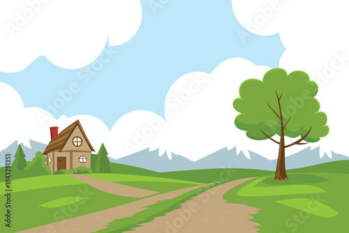 A charming countryside scene featuring a quaint house winding path and lush