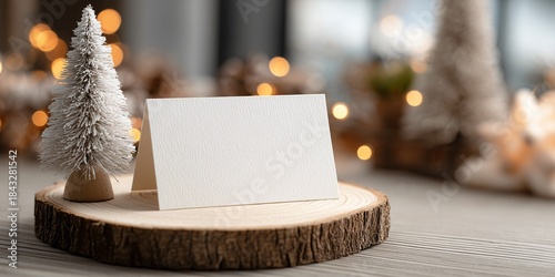 christmas mockup of a blank white card placed on a round, simple wooden slice