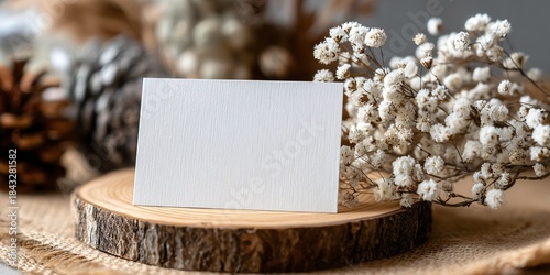 christmas mockup of a blank white card placed on a round, simple wooden slice
