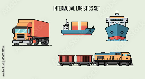 Intermodal Logistics Set: Truck Cargo Ship and Train Illustration.
