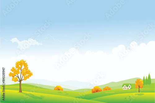 A serene landscape displaying lush green hills a bright blue sky and