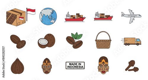 Collection of Indonesian Export Icons: Shipping Products and National Symbols.
