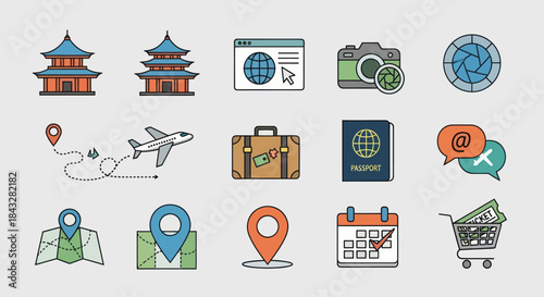 Collection of Travel and Navigation Icons with Cultural and Digital Elements.