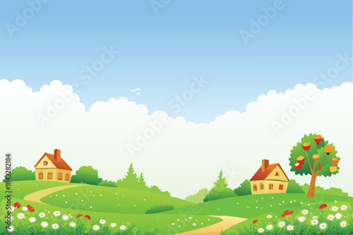 A peaceful countryside scene with houses trees and a bright blue sky high quality