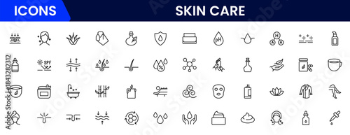Skin care line icons set. Moisture cream, acid, anti wrinkle serum, creamed, collagen. Pixel perfect, minimalistic web and UI icon.