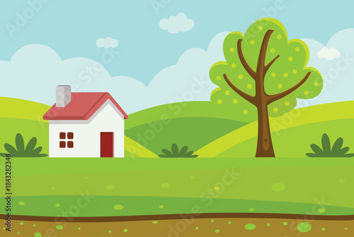 a charming cartoon illustration depicts a quaint house and lush green landscape high quality