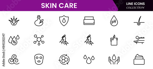 Skin care line icons set. Moisture cream, acid, anti wrinkle serum, creamed, collagen. Pixel perfect, minimalistic web and UI icon.