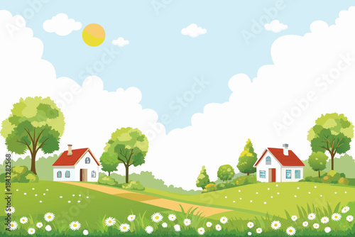 a charming idyllic countryside scene with houses trees and a bright sunny