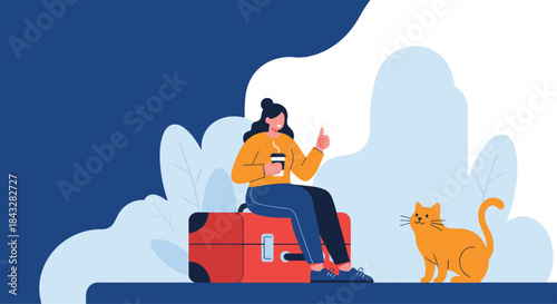 A woman traveling with her cat, sitting on a suitcase and giving a thumbs up, with a modern blue and white abstract background design.