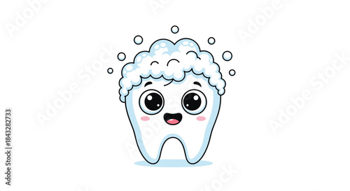A cute and happy cartoon tooth character with big eyes, covered in soap bubbles and foam, representing clean teeth and good dental hygiene.