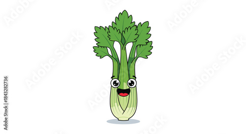 A funny and cute cartoon celery character with a happy smiling face and big eyes, illustrated in a simple and playful style for kids.