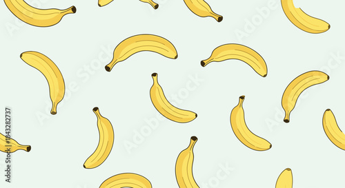 A fun and healthy seamless pattern of ripe yellow bananas scattered on a light blue-green background, perfect for tropical and food-themed designs.
