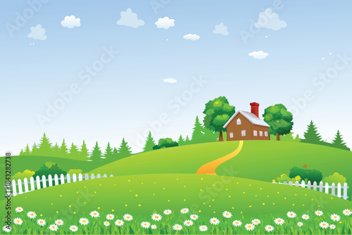 A charming countryside scene featuring a quaint house green hills and a