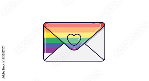 A modern and inclusive icon of a love letter envelope decorated with the colors of the LGBTQ+ pride rainbow flag and a small heart symbol.