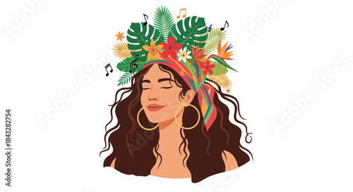 A beautiful illustration of a woman with her eyes closed, wearing a floral and tropical headdress and listening to music, embodying peace and nature.