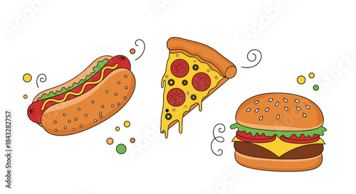 A fun and tasty collection of cartoon fast food items, including a hot dog, a slice of pepperoni pizza, and a classic cheeseburger design.