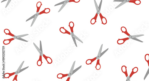 A simple seamless pattern of red-handled scissors scattered on a white background, representing crafts, school supplies, or office work.