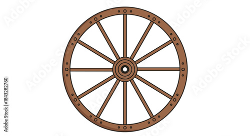 A simple and classic illustration of an old-fashioned brown wooden wagon wheel with spokes, isolated on a clean white background.