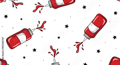 A fun and dynamic seamless pattern of ketchup bottles squirting sauce with black stars on a white background for a playful food design.