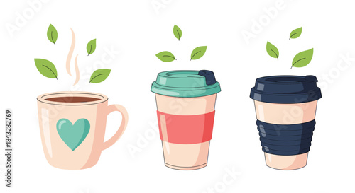 A cozy set of three different reusable and disposable cups for hot drinks like tea or coffee, decorated with green leaves for an organic feel.