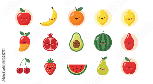 A large set of adorable and cute kawaii fruit characters with smiling faces, including an apple, banana, avocado, strawberry, and more.