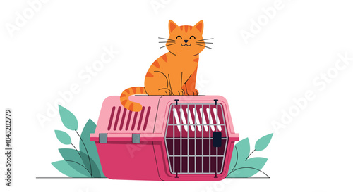 A cute ginger cat sitting happily on top of a pink pet carrier, ready for a trip to the vet or to travel, surrounded by green leaves.