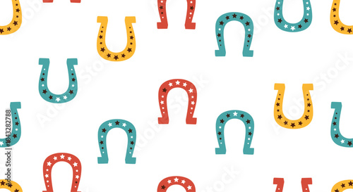 A playful and colorful seamless pattern featuring lucky horseshoes decorated with stars on a simple and clean white background.