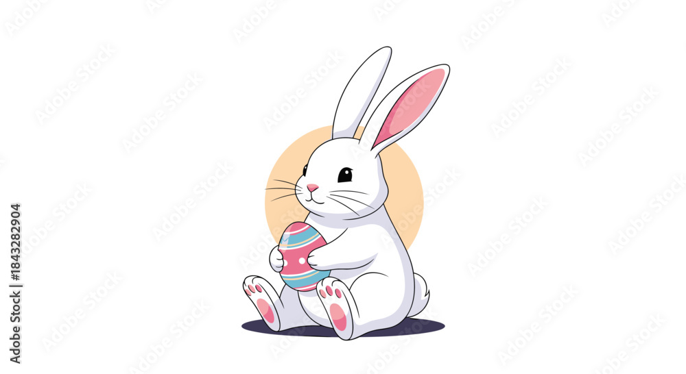 Obraz premium Adorable cartoon illustration of a cute white Easter bunny with pink ears sitting down and holding a decorated pink and blue egg.