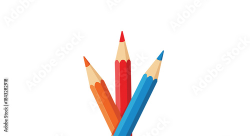 Vibrant flat design illustration of three sharpened colored pencils in orange, red, and blue, ready for drawing and creativity.