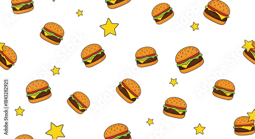 Fun and tasty seamless pattern with cartoon cheeseburgers and yellow stars scattered on a clean white background for food lovers.