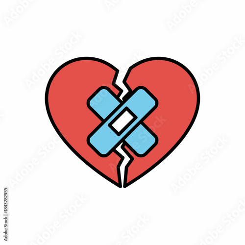 Red broken heart with blue bandage healing love icon perfect for heartbreak recovery mending emotional repair or relationship restoration design