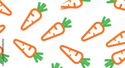 Simple and modern seamless pattern of bright orange carrots with green tops, arranged diagonally on a clean white background.