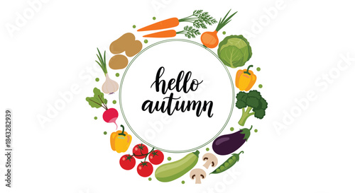Fresh "Hello Autumn" lettering inside a round frame composed of various healthy and colorful fall harvest vegetables on a white background.