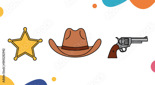 Fun wild west themed banner with a sheriff star, cowboy hat, and revolver against a background of colorful abstract shapes.