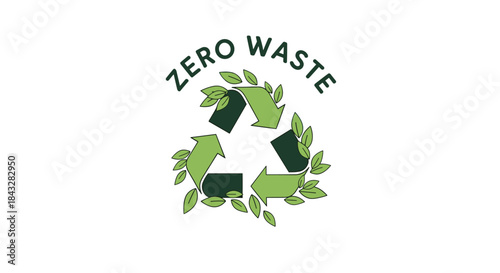 "Zero Waste" concept logo featuring a green recycling symbol with leaves growing around it, promoting a sustainable lifestyle.