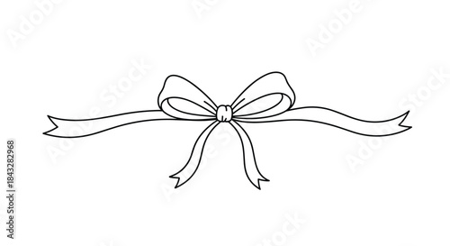 Elegant and simple black outline drawing of a long, flowing ribbon tied into a delicate bow in the center for decoration.