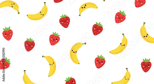 Sweet and cheerful seamless pattern with cute kawaii-style cartoon strawberry and banana characters with happy smiling faces on white.