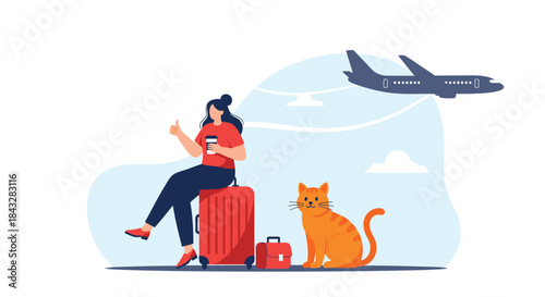 A modern flat illustration of a woman traveling with her pet cat, sitting on a suitcase at the airport with a plane flying in the background.