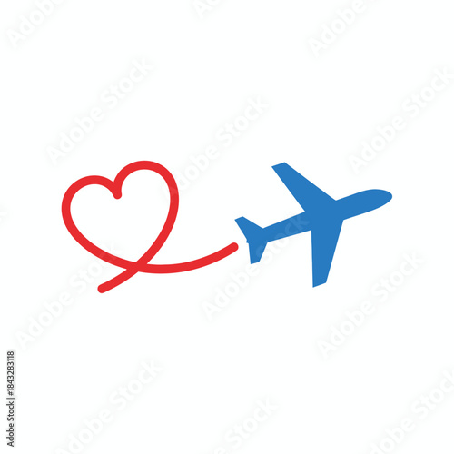 Red heart with blue airplane travel love icon perfect for long distance relationship journey adventure wanderlust romantic trip or flying together design