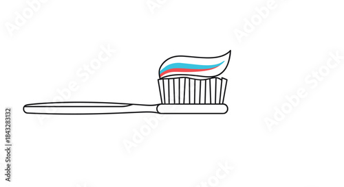 A minimalist line art illustration of a toothbrush with red and blue striped toothpaste on the bristles, representing daily dental care.