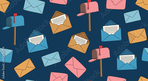 A charming seamless pattern of hand-drawn mailboxes and vintage envelopes on a dark blue background, evoking a sense of nostalgia and communication.