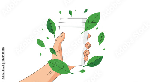 An eco-concept illustration of a hand holding a coffee cup with green leaves, symbolizing organic tea, sustainable coffee, or eco-friendly cups.