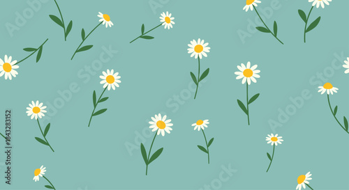 A simple and charming seamless floral pattern with delicate white daisy flowers scattered across a calming and muted teal green background.