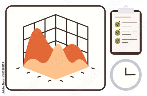 3D graph with peaks, checklist with green ticks, and clock emphasizing data analysis, planning, and time tracking. Ideal for productivity, workflow, project management, results insight strategy