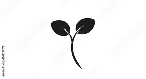 A minimalist black silhouette icon of a small plant sprout with two leaves, symbolizing growth, nature, and new beginnings perfectly.