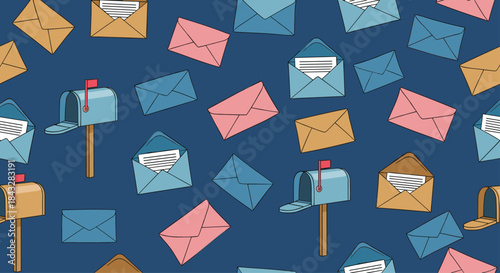 A fun seamless background pattern with charming hand-drawn illustrations of mailboxes and letters, perfect for communication-themed designs.