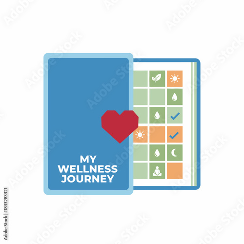 My wellness journey tracker with blue book red heart and colorful goal grid health organization icon perfect for self care habit tracking fitness planning or personal development progress design