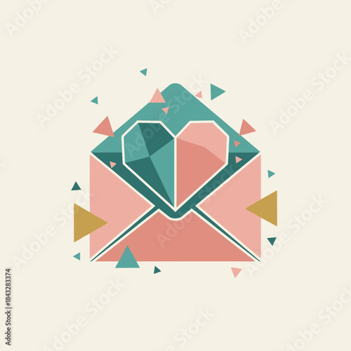 Geometric origami heart in pink green and beige angular paper craft icon perfect for modern valentines artistic creative folded or abstract love design